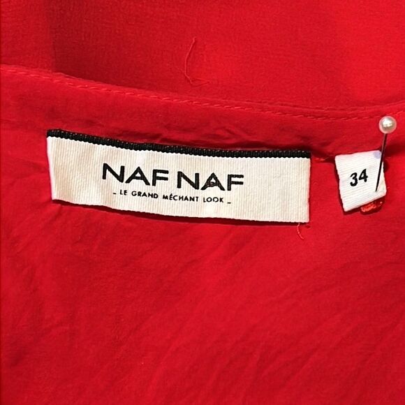 NAF NAF Swiss Dot Mesh Puff Sleeve Chiffon Shift Dress Lipstick Red - Picture 4 of 5